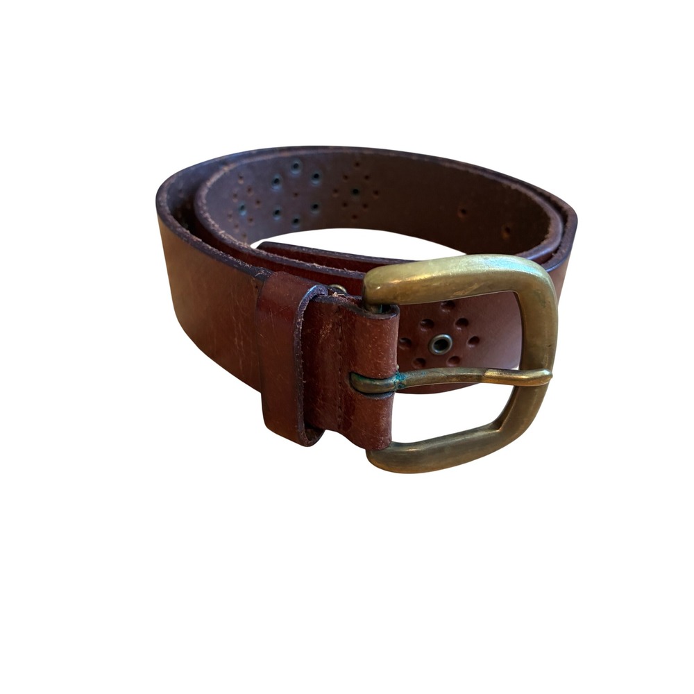 American Eagle Brown Leather Belt Perforated Grommet Brass Buckle Small 35in